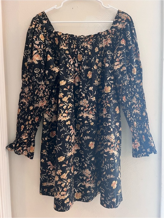 Doen Dresses & Skirts - Doen Black Floral Smocked Mini Dress with Pink & Cream Blooms